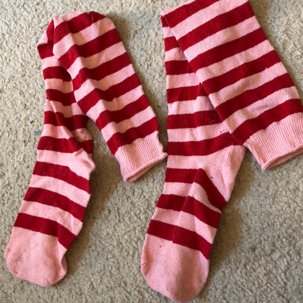 Red and pink striped over the knee socks